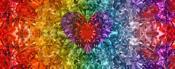 Vibrant kaleidoscope effect in LGBTQ colors  a central heart on the right ideal for psychedelic and creative projects.