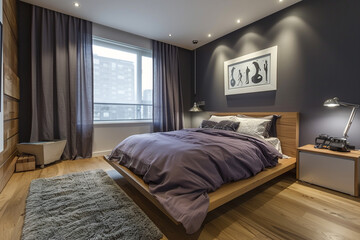 Simple yet stylish bedroom with dark grey walls, a wooden floor, and a soft lavender bedding set,...