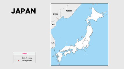 Japan Map. State and district map of Japan. Political map of Japan with outline and black and white design.