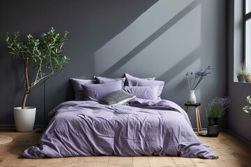 Simple yet stylish bedroom with dark grey walls, a wooden floor, and a soft lavender bedding set,...