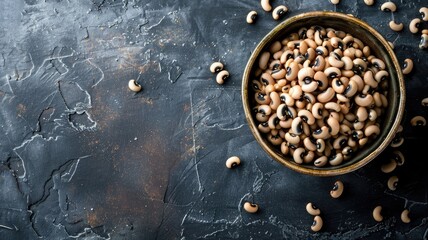 Close-up of bowl filled with black-eyed peas against dark textured background