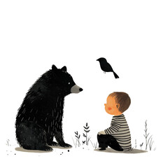 A little boy sits on the ground next to an adult black bear, and they look at each other curiously. A bird is flying above them. The illustration is in the style of a minimalism with clear background.
