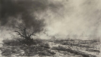 Fototapeta premium Charcoal drawing of barren, smoky landscape with leafless tree and dense fog