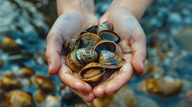 Freshwater pearl mussels. River shells in hands. Close up. Selective focus