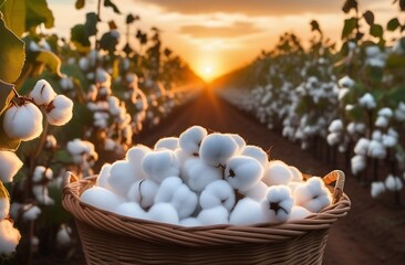 Cotton flowers in a wicker basket stands against the background of a plantation along the rows at sunset, harvesting, natural material