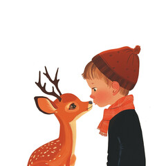 A cute deer with its head tilted back is gently kissing a boy's cheek. The little child has short brown hair and wears a black and red scarf. This is a flat illustration on clear background.