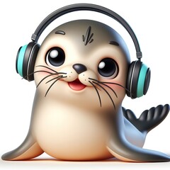 cute 3D funny cartoon Sea lion with small wireless headphone on head smiling and dancing, white background
