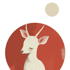 Cute white deer, minimalist illustration style, light red and beige colors, circular shapes, simple lines, portrait of the animal, soft lighting, peaceful expressionism, clear background, a white moon