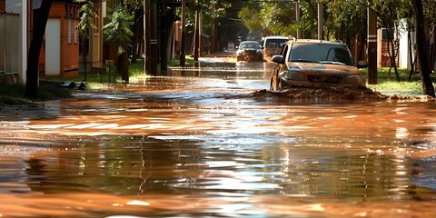 Insurance protection needed as streets flood with mud water after heavy rain. Concept Insurance Coverage, Natural Disasters, Property Damage, Water Damage, Claim Process