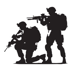 Soldier silhouette on a white background. Special army force wearing uniforms. Soldiers standing with assault rifles silhouette.armies with anonymous faces. infantry silhouette collection.