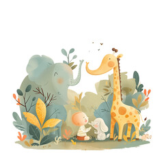 cute baby elephant and giraffeare  playing, vector illustration in the style of watercolor, clipart on white background, jungle theme
