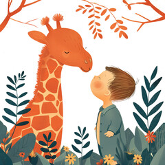 A little boy is standing in the jungle, and next to him stands an orange giraffe with its head raised towards his face. The illustration is flat and empty background, cartoon character design.