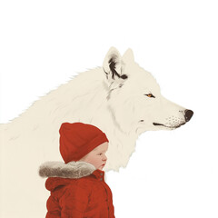 A white arctic wolf with its head turned to the side, next to it stands a baby boy in red, in the style of a children's book illustration, a simple drawing with simple details and clear background.