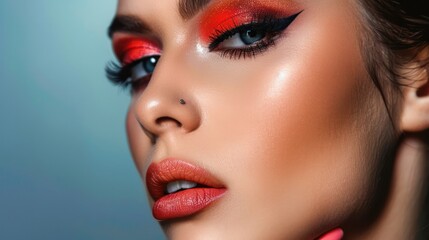 Obraz premium Detailed close-up of a woman's face showcasing glamorous makeup, with a focus on her intense eyes and bold lips
