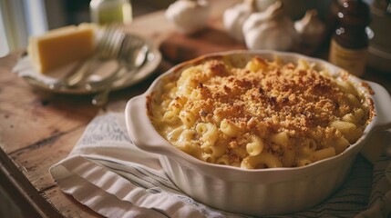 Decadent macaroni and cheese with a golden breadcrumb topping, in a vintage kitchen setting