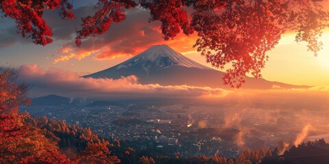 Fuji mountain in Japan Colorful Autumn Season with morning fog and red leaves is one of the best places in Japan