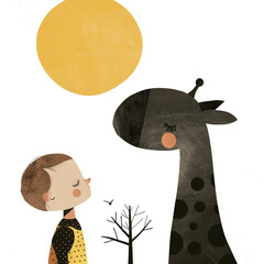 A little boy standing with his giraffe friend, a simple illustration with a yellow sun in the sky in a cute style with clear background, children's book soft illustrations.