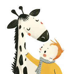A cute giraffe with black and white spots, standing next to an adorable little boy in yellow ., flat illustration style, bold lines, clear background, simple details,colors, children's book illustrate
