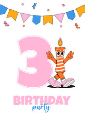 Third Happy Birthday party invitation in retro groovy style. Funky walking character candle and number 3. Vintage mascot psychedelic smile. Vector illustration