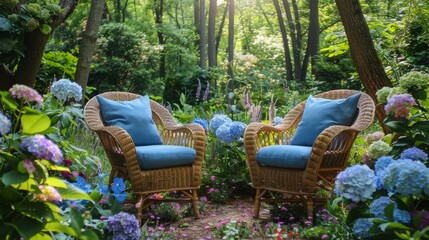 Two Wicker Chairs in Wooded Area