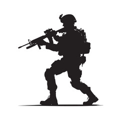 Soldier silhouette on a white background. Special army force wearing uniforms. Soldiers standing with assault rifles silhouette.armies with anonymous faces. infantry silhouette collection.