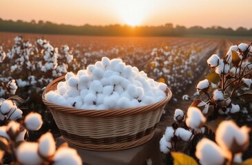 Cotton flowers in a wicker basket stands against the background of a plantation along the rows at sunrise or sunset, harvesting, natural material, a symbol of white gold, purity and tenderness