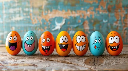 Funny little Easter Egg Stories, hand drawn faces with Happy Smiling expression. Funny decoration. Happy Easter