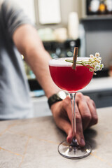 A hand holds a stemmed glass with a red cocktail, adorned with a sprig of flowers and a clothespin