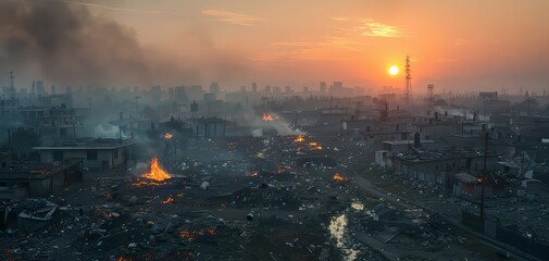 A stark, apocalyptic cityscape at sunset with burning fires and smoke billowing into the sky, illustrating devastation and ruin.