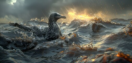 A stormy ocean scene with a seabird struggling against the waves, capturing the dramatic natural elements and intensity of the weather.