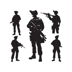 Soldier silhouette on a white background. Special army force wearing uniforms. Soldiers standing with assault rifles silhouette.armies with anonymous faces. infantry silhouette collection.