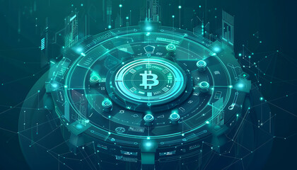 digital currency bitcoin in a blockchain halogram in neon colors, modern design element of the crypto industry