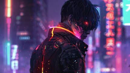 Obraz premium Futuristic Cyberpunk Anime Man in Glowing Suit