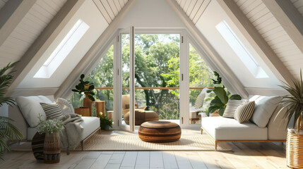 Fototapeta premium Cozy a-frame attic sitting area with summer view and plants