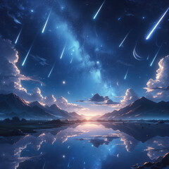Generative AI, the Beautiful sight of a meteor shower on a beautiful night with a dark sky dotted with stars that sparkle like diamonds, beautiful meteor shower, cool anime landscape, Niji Anime Views