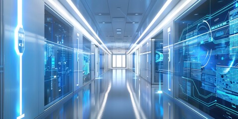 Fototapeta premium Futuristic Hospital Corridor with Digital Interface