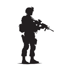 Soldier silhouette on a white background. Special army force wearing uniforms. Soldiers standing with assault rifles silhouette.armies with anonymous faces. infantry silhouette collection.