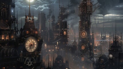 Futuristic steampunk city with towering clock towers and intricate gears against a dark, industrial backdrop
