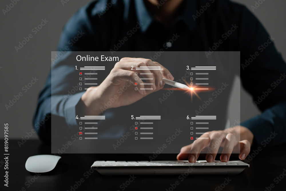 Poster student passing online exam concept, online exam, choose correct answer in test knowledge. e-learnin