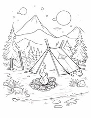 camping coloring page, Landscape.Coloring book anti stress for children and adults