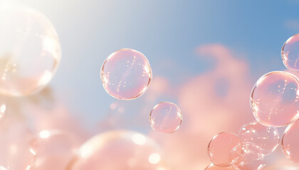 Soap bubbles on light sky background in summer