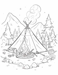 camping coloring page, Landscape.Coloring book anti stress for children and adults