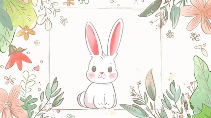 Obraz premium happy rabbit in garden with blank frame cute cartoonish page print border design, with blank empty space for mock up message background 