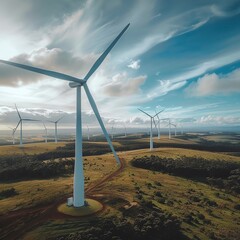 A wind farm with turbines spinning in the wind, part of solutions to reduce reliance on fossil fuels.