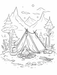camping coloring page, Landscape.Coloring book anti stress for children and adults