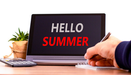 Hello summer symbol. Concept words Hello summer on beautiful black pad. Beautiful white background....