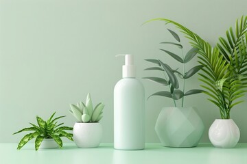 3D render of a simple composition with a bottle and hair product, plants on a light green background, geometric shapes and forms, ad posters