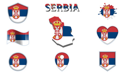 Fototapeta premium Collection of flat national flags of Serbia with map