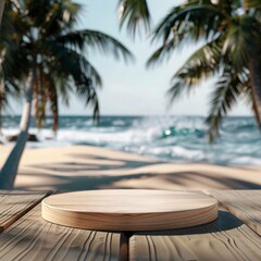 Obraz premium Summer season empty wooden podium or pedestal with beach background. Tropical palm trees and the sea for a product display presentation mockup design, 3D rendering, realistic photo