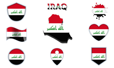 Collection of flat national flags of Iraq with map